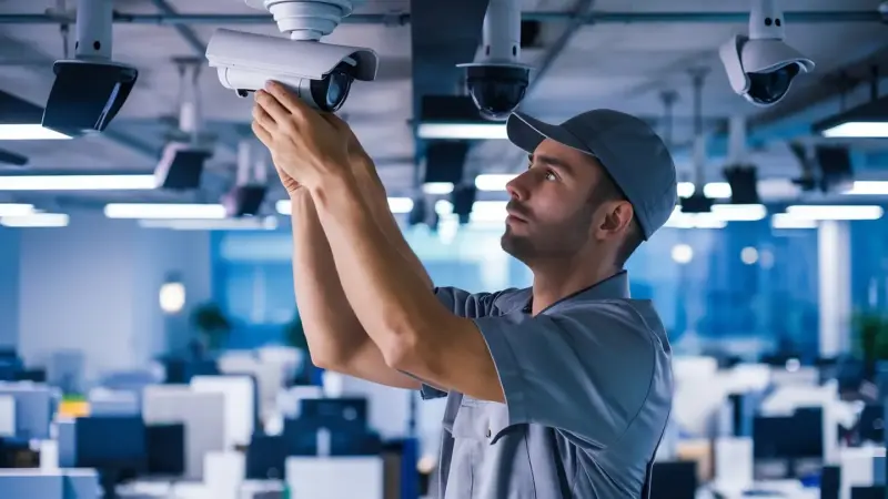 Tecnico specializzato installa una telecamera di sicurezza per l'allarme per negozio in un ufficio moderno.