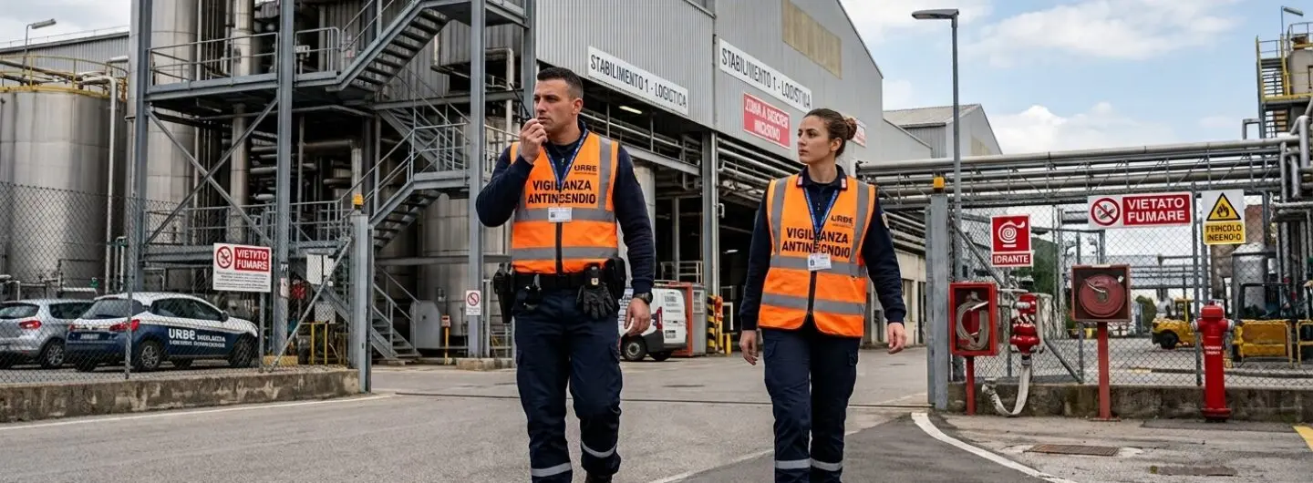 Due operatori di Urbe Vigilanza in divisa e gilet ad alta visibilità pattugliano un'area industriale.