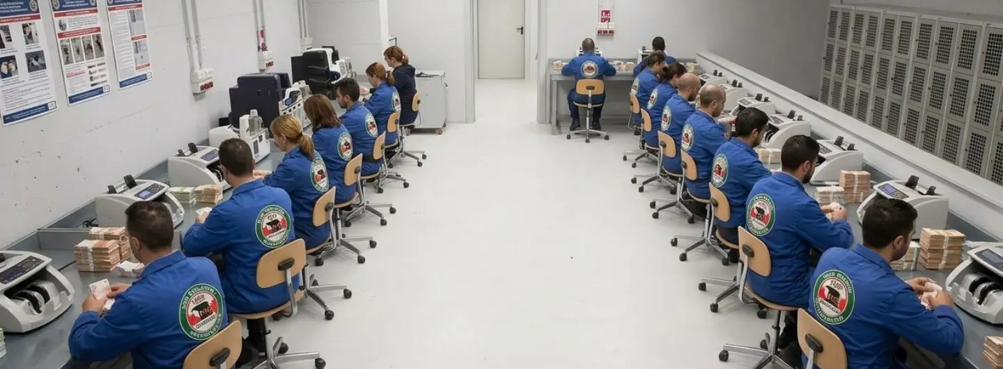 Personale specializzato in divisa blu lavora presso la sala contazione valori di Urbe Vigilanza.
