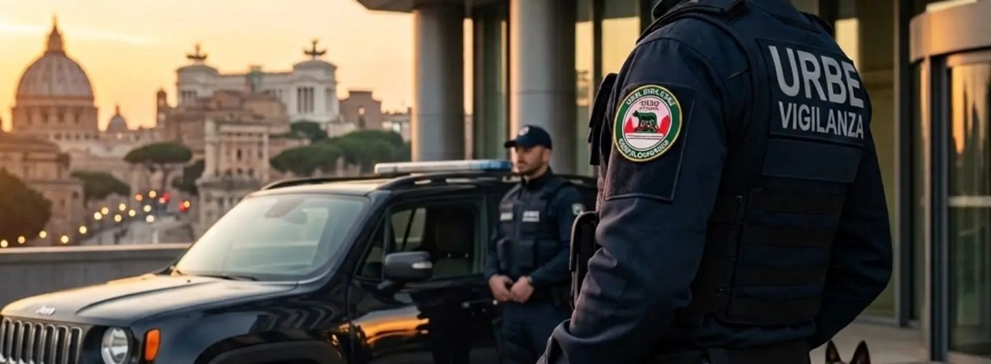 Guardie particolari giurate in divisa con cane addestrato davanti a un veicolo di pattuglia a Roma.